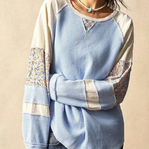 Tops - Blue Casual Women's Knit Patchwork Round Neck Long Sleeve Loose Blouse